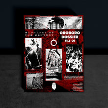 Load image into Gallery viewer, Midnight of the Century. Oroboro Dossier, File 01. A series of five striking black and white images on a red background. Each image depicts a scene related to the investigations within. Unravel five mysterious and challenging mid-'90s occult serial killer investigations. Writing: Graeme Barber, Chris Bissette, D.G. Chapman, Emma Lambert, and Colin Le Sueur.
