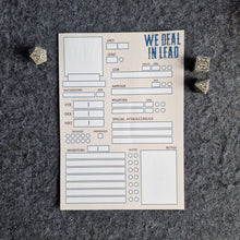 Load image into Gallery viewer, We Deal in Lead Character Sheets - Pack of 10
