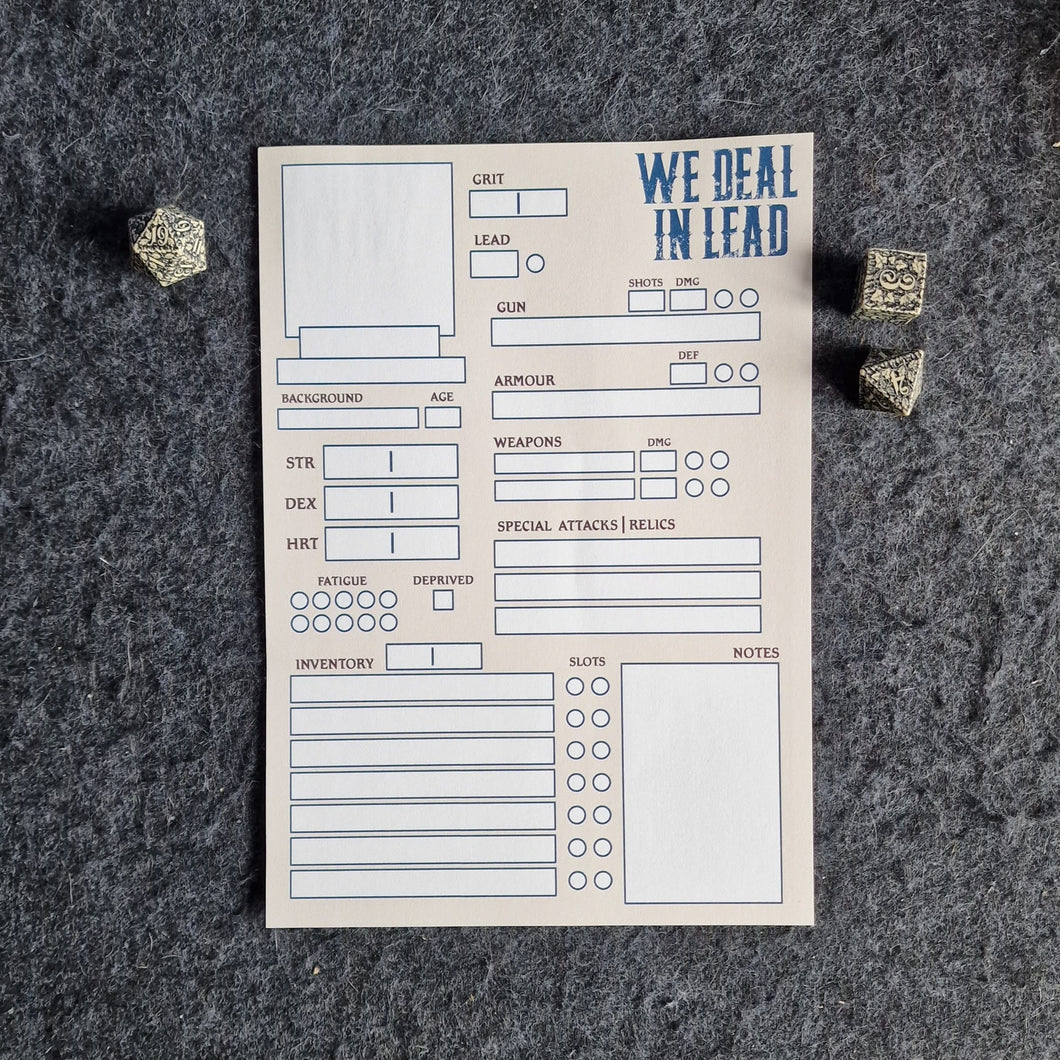 We Deal in Lead Character Sheets - Pack of 10